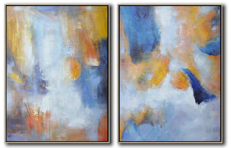 Handmade Large Contemporary Art,Set Of 2 Abstract Painting On Canvas,Contemporary Art Acrylic Painting Yellow,Blue,White